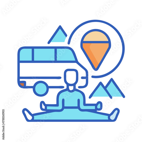 Campervan lifestyle and Yoga retreat in mountain landscape scene