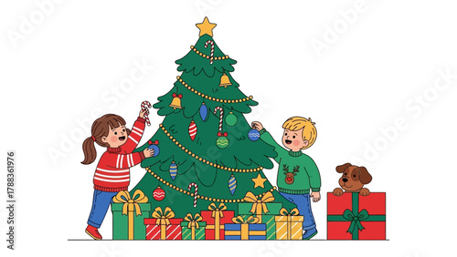Christmas Decorating:  Joyful children add ornaments to a sparkling Christmas tree, filled with festive cheer and the anticipation of the holiday season.