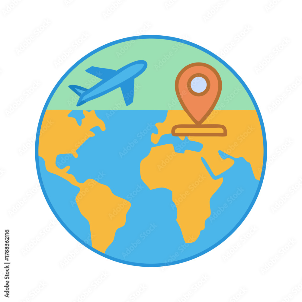 Fototapeta premium Flat design globe icon with airplane and location pointer