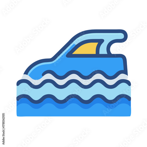 Stylized blue motorboat icon riding over wavy sea water