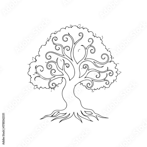 Detailed Tree Silhouette Illustration with Swirling Foliage and Roots, Nature and Growth Concept