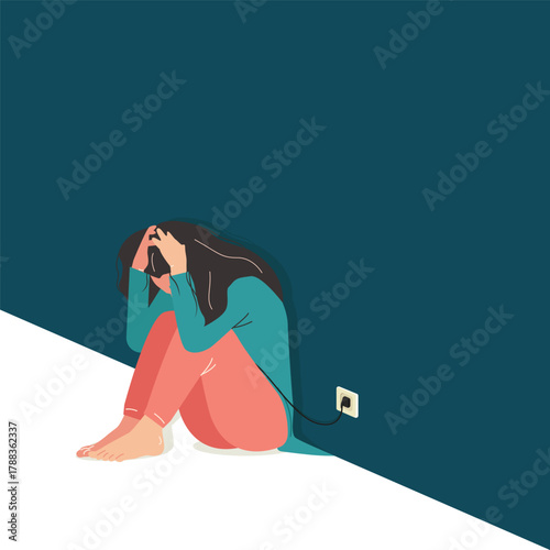 Depressed woman sitting alone beside the electrical outlet vector illustration