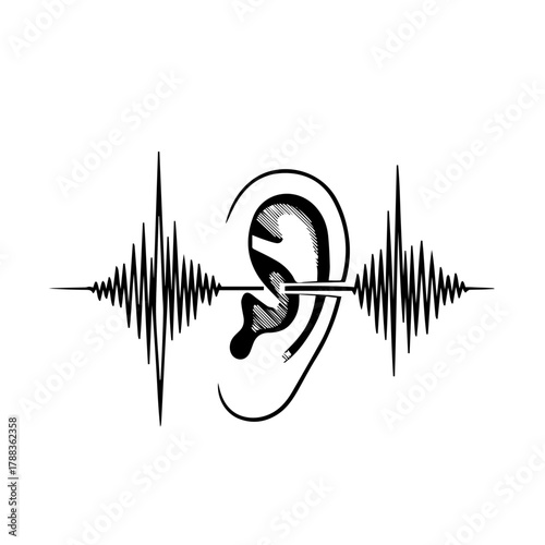 Monochrome sketch of an ear with an audio waveform representing sound perception and acoustics