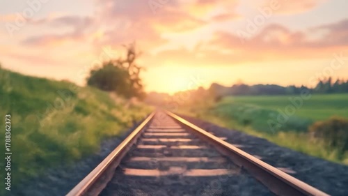 Railway track leading into a warm sunset over a green natural landscape