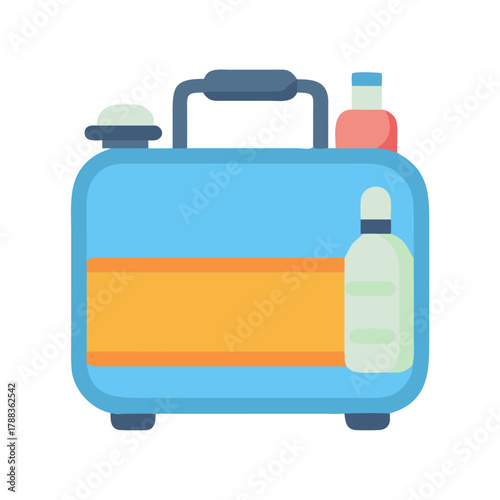 Suitcase packed with toiletries for travel vacation or holiday