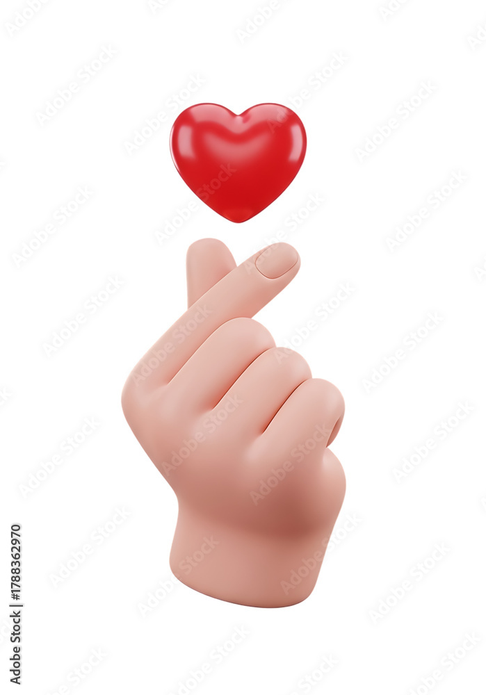 Obraz premium Hand gesture forming a heart shape with a red heart symbol above it isolated on transparent background