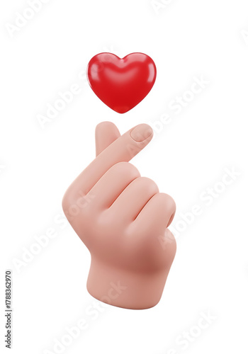Hand gesture forming a heart shape with a red heart symbol above it isolated on transparent background