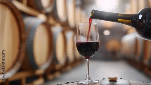 Pouring red wine into a glass in a traditional cellar setting with rows of aging wooden barrels