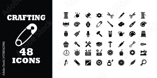 Discover endless creative possibilities with this comprehensive collection of 48 essential crafting and DIY icons, perfect for projects and design.