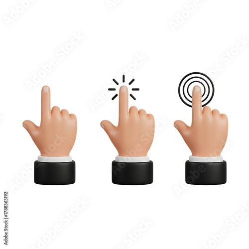 Three realistic 3d rendered human hands with index fingers pointing and clicking isolated on transparent background