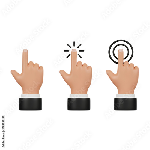 Three realistic 3d rendered human hands in formal attire demonstrating different stages of a digital click action isolated on transparent background