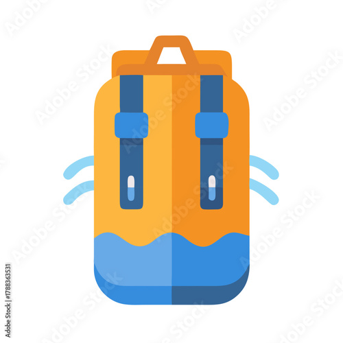 Graphic cartoon backpack design with blue and orange colors