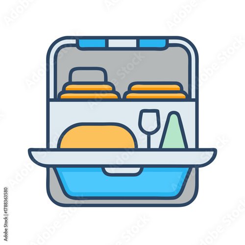 Organized packed lunchbox with colorful food illustration on black