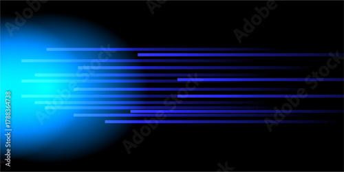 Glowing blue light streaks on a black background. Horizontal neon beams create a high-speed motion effect, symbolizing futuristic technology and digital energy
