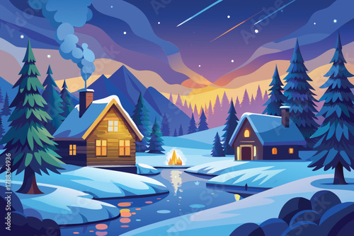 Cozy winter cabins nestled amongst snowy mountains illuminated by a beautiful night sky