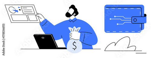 Man holding money bag, pointing to data analytics interface, and managing transactions with laptop and digital wallet. Ideal for finance, technology, online banking, savings, fintech, digital