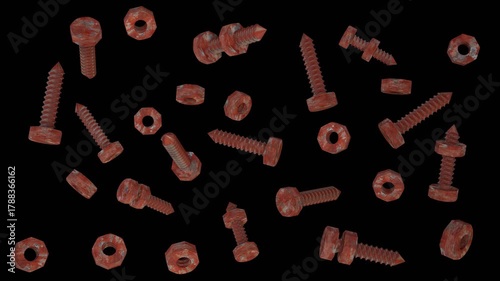 The seamless loop animation of some direction red rusty screws and nuts rotate as individual origins on dark black background created by 3D modeling.