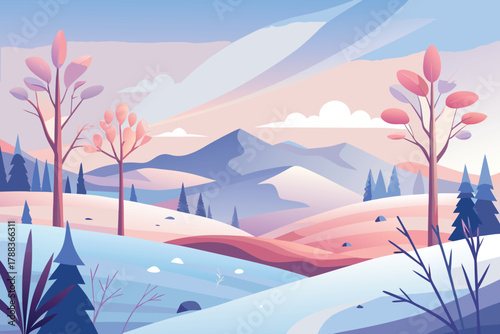 A serene winter landscape featuring snow covered hills mountains and sparse trees