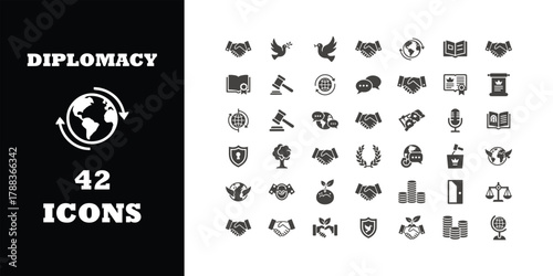 Stunning collection of diplomacy icons representing global relations, agreements, and international cooperation for impactful business presentations.