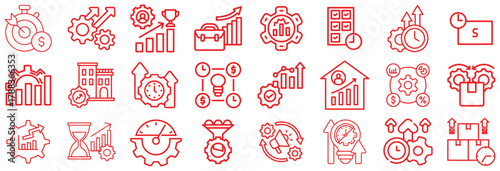 Business productivity and performance optimization icons set in red line style
