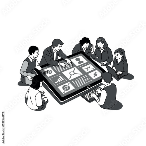 Dynamic team brainstorming innovative digital strategies with interactive touchscreen display, fostering collaboration and driving success together