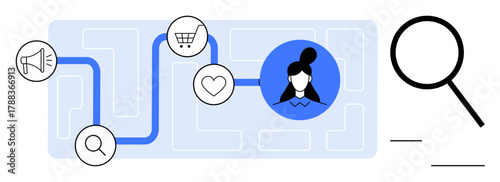 User journey featuring a path with marketing, search, shopping cart, and heart icons leading to a user profile. Magnifying glass highlights analysis. Ideal for marketing, customer experience