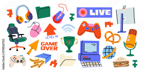 Big vector set of gaming elements. Gamer cartoon stickers, badges, headphones, mouse, microphone, keyboard, chair, joystick. Sports equipment and digital devices for video games, streaming