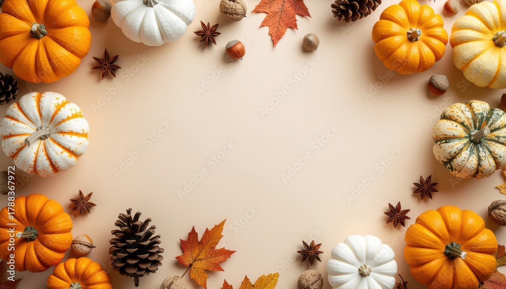 Fototapeta premium Autumn harvest celebration with colorful pumpkins cozy home setting decorative layout festive atmosphere top-down view seasonal vibes