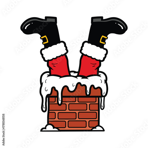 Santa claus stuck in chimney with legs sticking out funny christmas illustration