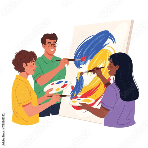 Friends enjoying a creative painting session together, expressing artistic flair on a large canvas with vibrant colors and collaborative spirit, fostering creativity and connection