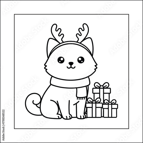 Cute Dog in Reindeer Antlers Scarf Coloring Page: Christmas Gifts Vector