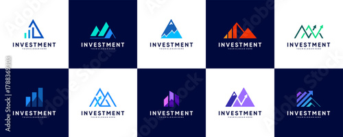 A collection of global economic logos with abstract mountain triangle concepts, investment, passive income, graphic design illustrations.