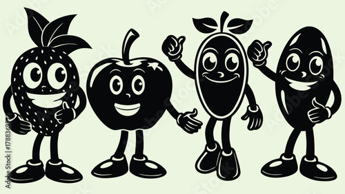 Cute vector cartoon illustration of a happy smiling apple and pear character with a heart for a healthy fruit and vegetable design