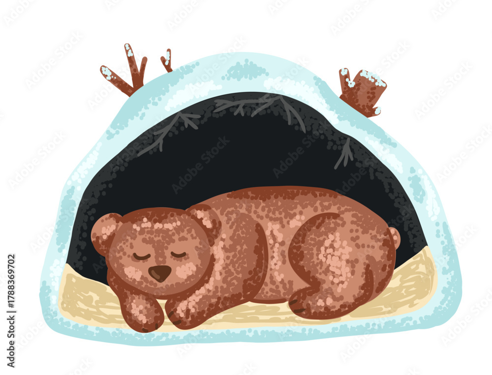 Naklejka premium Cute bear sleeping in underground den. Forest animal cave with snow