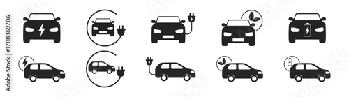 Electric car charger icon with plug and battery, representing energy, power, and eco-friendly transport. Green vehicle, alternative electricity, and electric mobility concept, isolated on transparent 