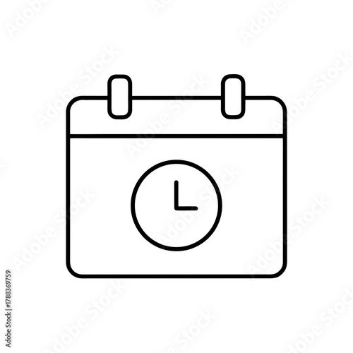 Outline calendar icon with clock symbol in center on transparent background silhouette