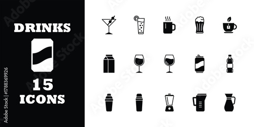 Collection of 15 modern, clean icons representing diverse drinks, beverages, and bar tools for creative projects