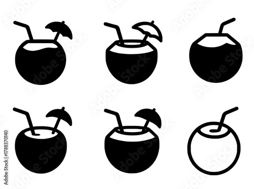 6 young coconut illustrations, black, transparent background
