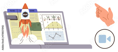 Rocket launching from laptop marking MVP achievement, task board, charts, and graphs displayed. Ideal for productivity, innovation, startup, teamwork, technology progress and remote work as