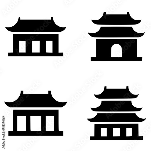 4 Chinese monastery icons, black, transparent background