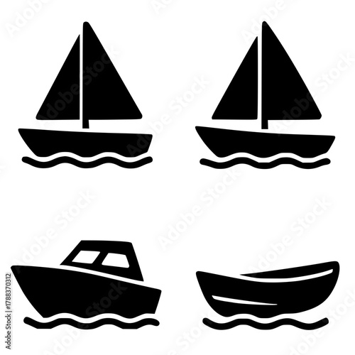 4 boat icons, black, transparent background