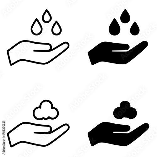 4 hand washing icons, black, transparent background