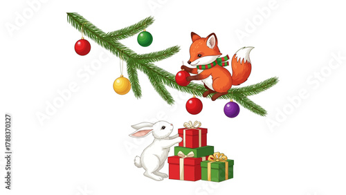 Festive Fox and Bunny: A charming illustration depicts a playful fox adorning a fir branch with festive ornaments while a cute bunny arranges presents.