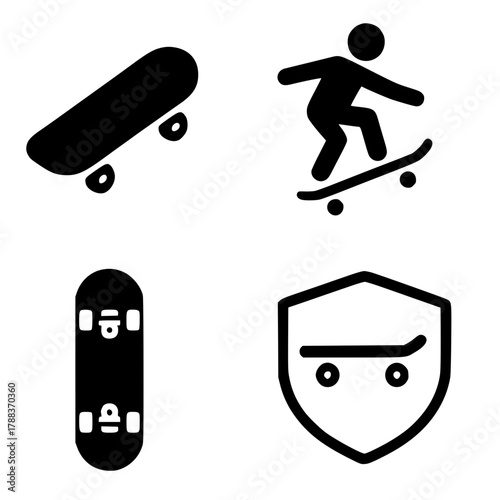 4 skateboard icons, black, transparent background