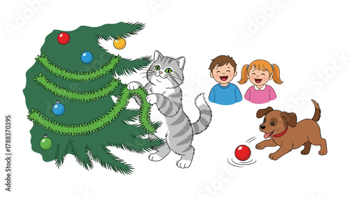 Festive Friends and Holiday Cheer: A heartwarming illustration of a family of three and their pets. A cat is playing and decorating the christmas tree, while the dog plays with the ball.