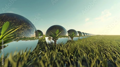 a row of transparent glass spheres containing small plants on a grass, created with generative ai