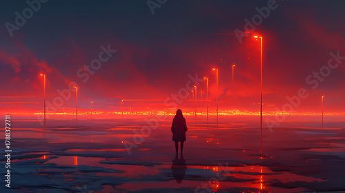 A woman standing in vibrant sunset, dramatic red and orange sky reflected on tranquil water, mood of contemplation. Cover for Music Video