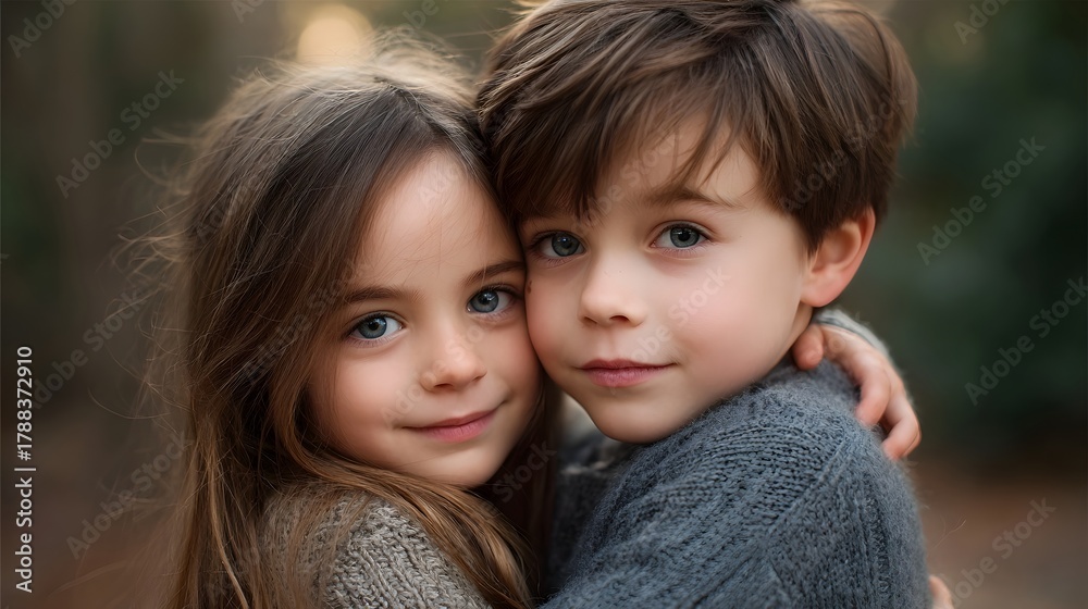 Obraz premium A close up portrait of two young siblings a boy and a girl hugging each other warmly outdoors in soft natural light