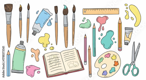 Artistic stationery and craft tool icon set including brushes, paints, notebook, scissors, and creative supplies for hobby and design projects