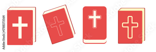 red bible set isolated on white background. red book with Christian cross on cover. vector book